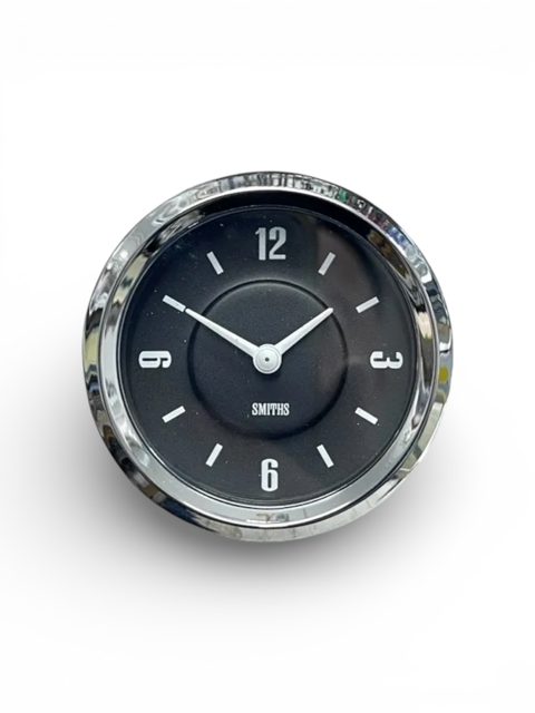 <p>Smiths Cobra Clock Analogue Clock 60mm black dial floodlit illumination full v chrome bezel</p>